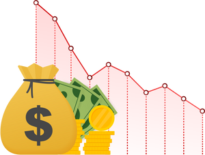 Money loss. Cash with down arrow stocks graph